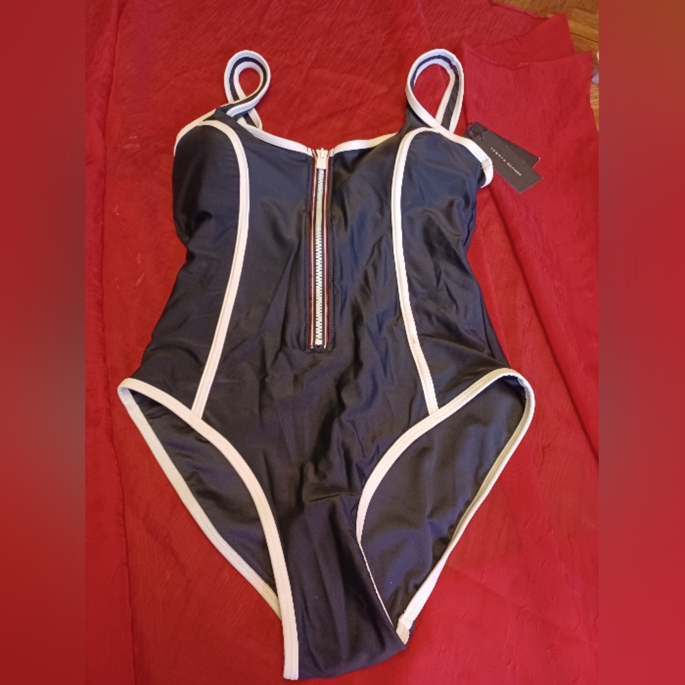 Tommy Hilfiger Navy and White One-Piece Swimsuit